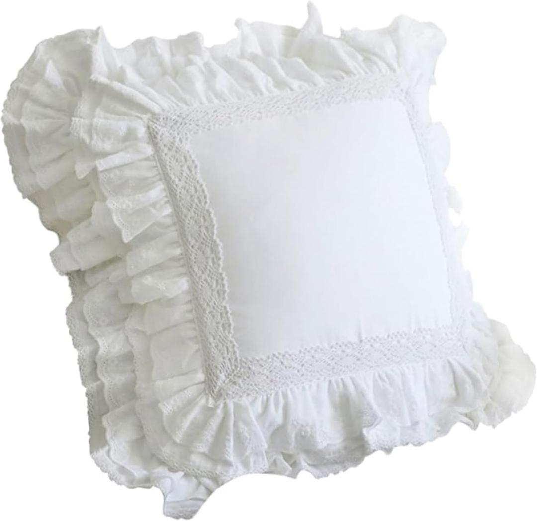 Zinowas 18x18 White Lace Pillow Cases,White Ruffle Throw Pillow Covers Pillowcase Set of 2,Farmhouse Decorative Ruffle Pillow Covers,Handmade Lace Pillow Cases (Four-layer Lace)