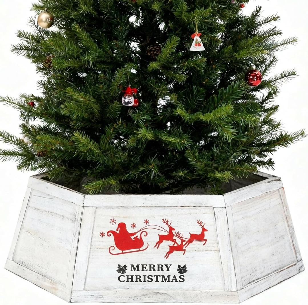 Weysat 30" Wooden Tree Collar Box Christmas Tree Skirt Collar Christmas Decoration Farmhouse Xmas Stand Cover Natural Wood Rustic Hexagon Xmas Base Cover 6-Piece Fit Below 29.5"(White Rustic)