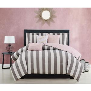 Juicy Couture Cabana Stripe Reversible Bedding Set - King Size - Grey and White Stripe Print  6 Piece Set  Includes 1 104" x 90" Comforter, 3 Decorative Pillows, 2 Shams