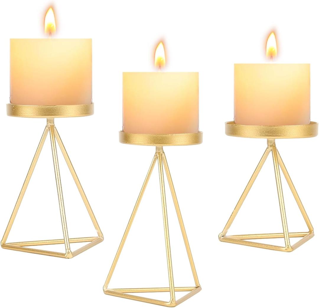 3 PCS Geometric Candle Holders for Pillar Candles Gold Metal Pillar Candle Holder Vintage Candle Stands Table Centerpiece for Wedding Christmas Home Decoration