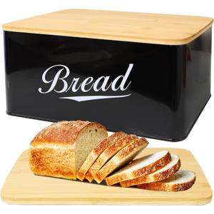 RoyalHouse Modern Metal Bread Box with Bamboo Cutting Board Lid, Bread Storage Container for Kitchen Counter, Vintage Kitchen Decor Organizer  Black