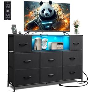 WLIVE Black Dresser for Bedroom, TV Stand for Bedroom for 55 inch TV with Charging Station and LED Lights, Fabric Chest of Drawers with Open Shelves, 8 Drawers Dressers for Living Room, Closet