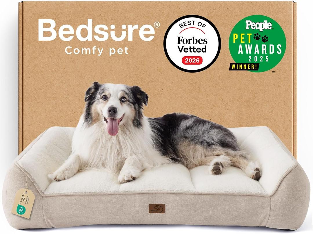 Bedsure SupportMax XL Orthopedic Dog Beds Large Sized Dog - As Seen on TV Extra Thick Supportive Dogs Couch with Waterproof Washable Cover, Extra Large Comfort Pet Sofa with Soft Sherpa, Beige (Cream)