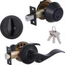 (1 Pack) Keyed Alike Front Door Lever Lockset with Single Cylinder Deadbolt Combination Set, Wave Style Lever, Front Door/Exterior Door Knob with Lock and Deadbolt, Classic Matte Black Finished