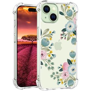 Compatible with iPhone 15 Plus Case Designer Cute Clear for Women,Cool Transparent Silicone Phone Cases Cover - Green Flower Vines
