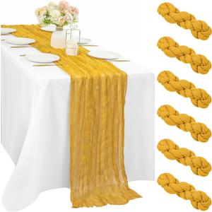 6 Pcs Mustard 35 x 120 Inches Long Cheesecloth Table Runner 10FT Runner for Tables Gauze Fabric Boho Table Runner Decoration Rustic Semi Sheer Runner for Wedding Baby Shower Birthday Party (Mustard)