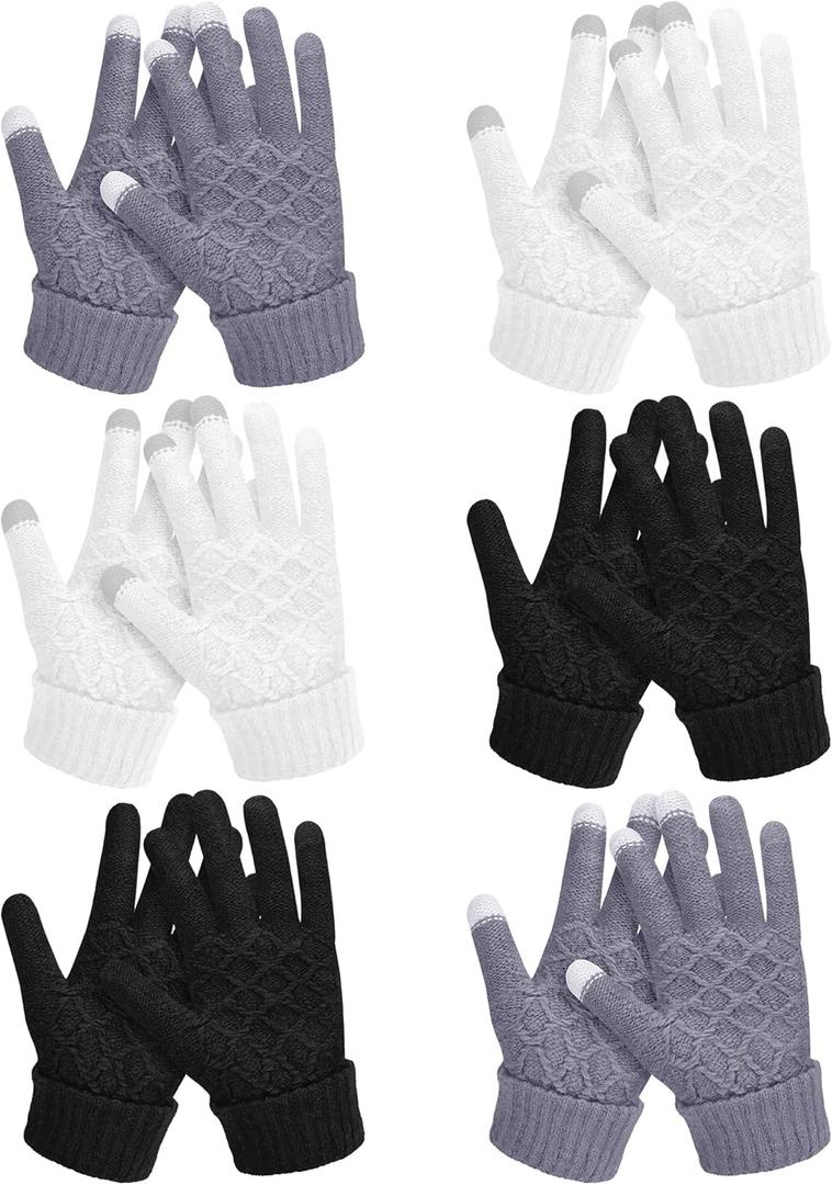 SATINIOR 6 Pairs Women Winter Touch Screen Gloves Warm Fleece Lined Knit Winter Gloves with Touchscreen Fingers (Simple Style, Black, White, Grey)