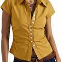 Women's Short Sleeve Button Down Shirt Summer Collared Blouse Trendy Casual Tops 2026 (L)