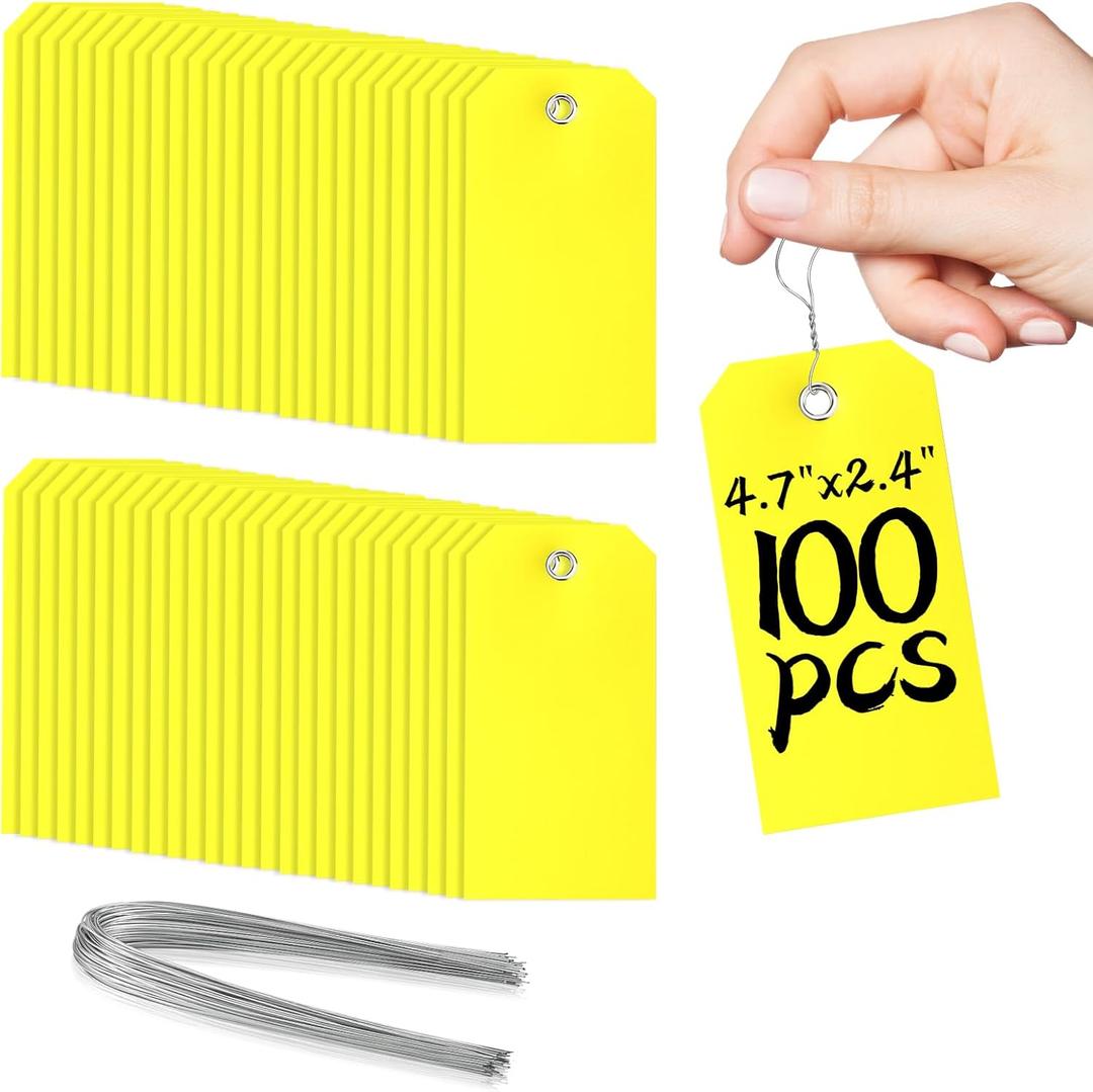 XUWAIDSGN 100Pcs Yellow Plastic Shipping Tags, 4 3/4" x 2 3/8", Writable, Durable, Waterproof