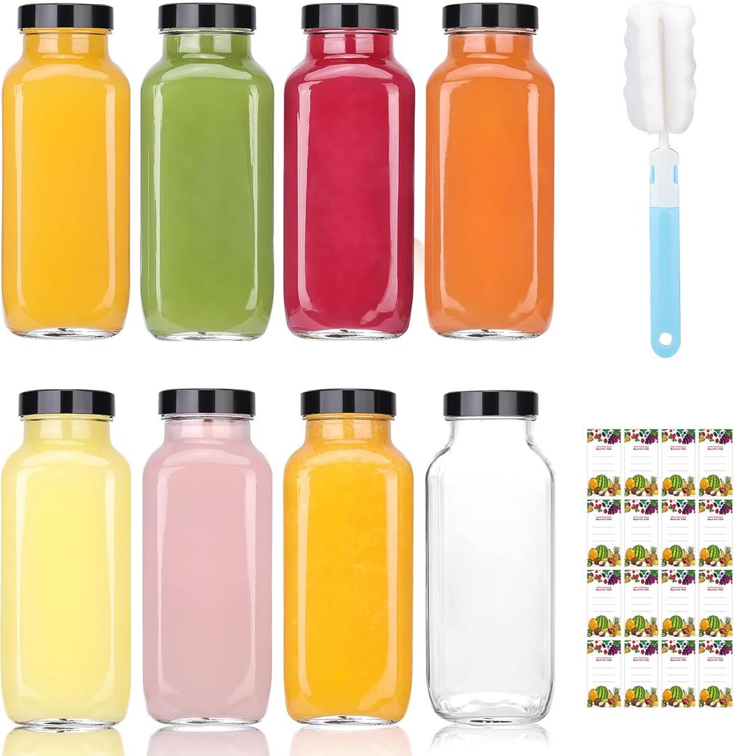 8 Pack 8 oz Glass Juice Bottles with Lids & Labels, Reusable Travel Juice Storage Containers, Clear Glass Drink Jars for Juicing, Water, Ginger, Wellness Shots - Leakproof, Dishwasher Safe