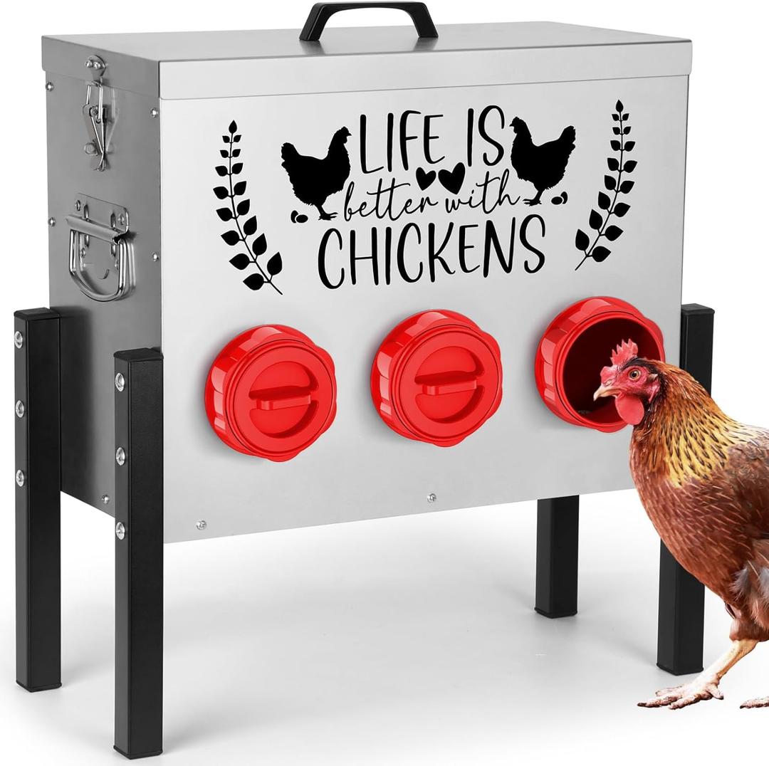 TGEYD 30 lb Chicken Feeder with 6 No-Waste Ports  Heavy-Duty Outdoor Metal Feeder with Adjustable Height, Locking Lid & Riveted Handles  Rustproof Feed Box for Poultry & Backyard Chickens