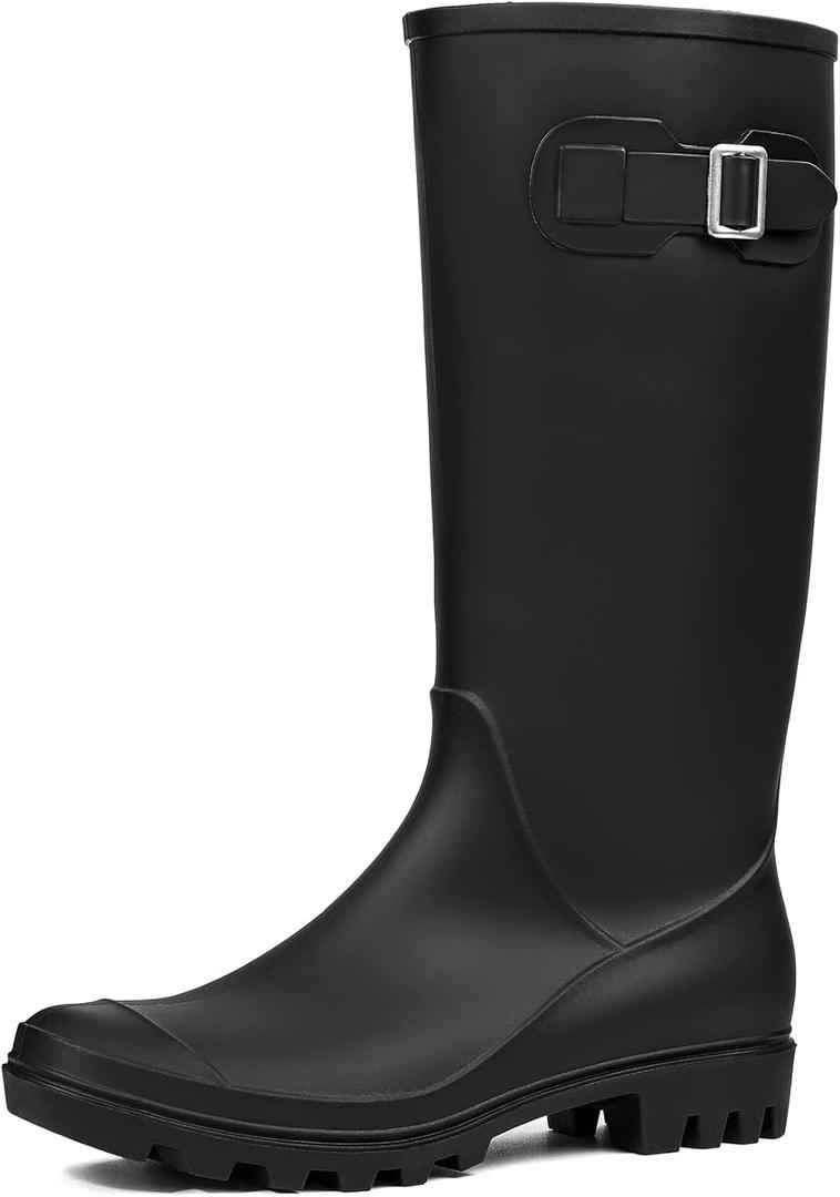 DKSUKO Women's Tall Rain Boots Garden Boots Waterproof Wellington Rubber Boots (6, Matte Black)