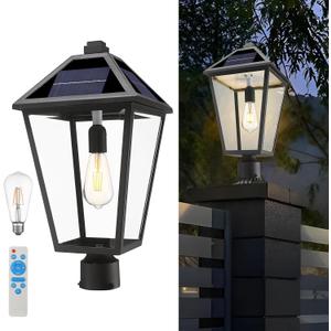 Solar Post Light Outdoor, 20'' Vintage Farmhouse Lamp Post with Remote Control & LED, Weatherproof Aluminum Pier Mount Light for Gate Yard Driveway, No Wiring Column Lamp, Large