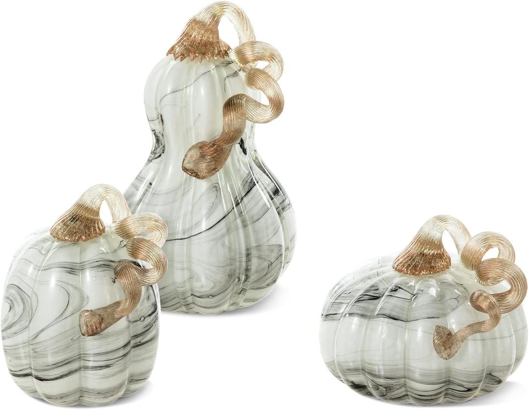 Glitzhome Set of 3 Hand Blown Glitter Glass Pumpkins - Fall Decor for Halloween & Thanksgiving Handmade Table Accent Harvest Home Decor, Gray Marble