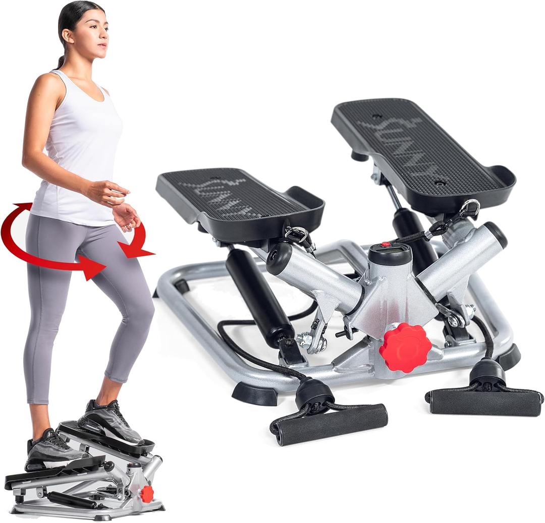 Sunny Health & Fitness Twist Steppers with Resistance Bands, Compact Mini Stair Step Machines for Low-Impact Home Cardio Workouts