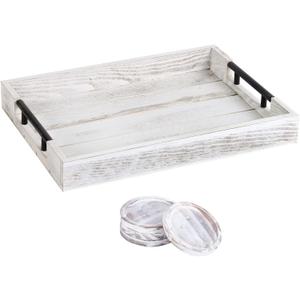 Wooden Serving Ottoman Tray With 4 Coasters, Breakfast Tray With Handles, Home Decor for Living Room, Coffee Table