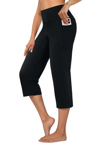DLOODA Capri Pants for Women High Waist Cropped Yoga Pants Straight Leg Athletic Workout Leggings with Pockets Black S