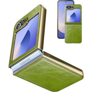 for Samsung Galaxy Z Flip 6 5G Case [PU Leather+Golden Hard PC Shell] Ultra Slim Lightweight, Stylish Durable Full Protective, Support Wireless Charging Cover for Samsung Galaxy Z Flip 6, Green