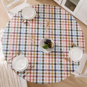 Round Vinyl Fitted Tablecloth with Flannel Backing Elastic Edge Design Table Cover Waterproof Oil-Proof PVC Table Cloth Stain-Resistant Best for 32"-36" Round (Color Checkered)