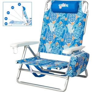 Reclining Beach Chair Backpack 5-Position Lay Flat Lounge Chair for Adults Heavy Duty Portable Folding Lightweight with Cooler Bag Camping Chair for Sand Outdoor (Max 400lbs-backpack, Blue Turtle)