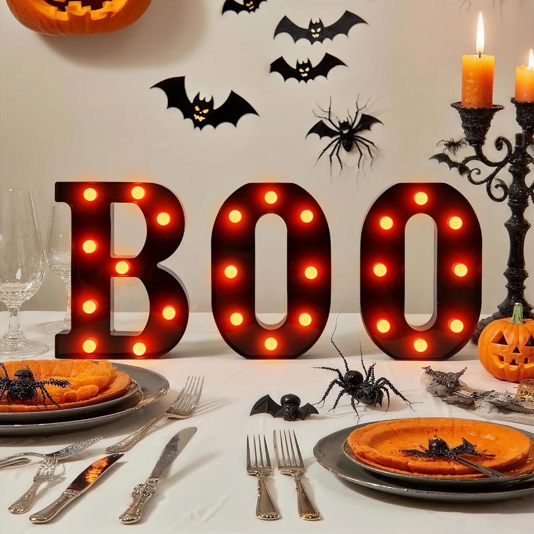 Halloween LED Marquee Letters BOO Set - 3 Pcs Black Alphabet Lights with Orange Glow, Perfect for Halloween, Christmas,Birthday Party, Bar Decor, Battery - Operated Ambience Lamps