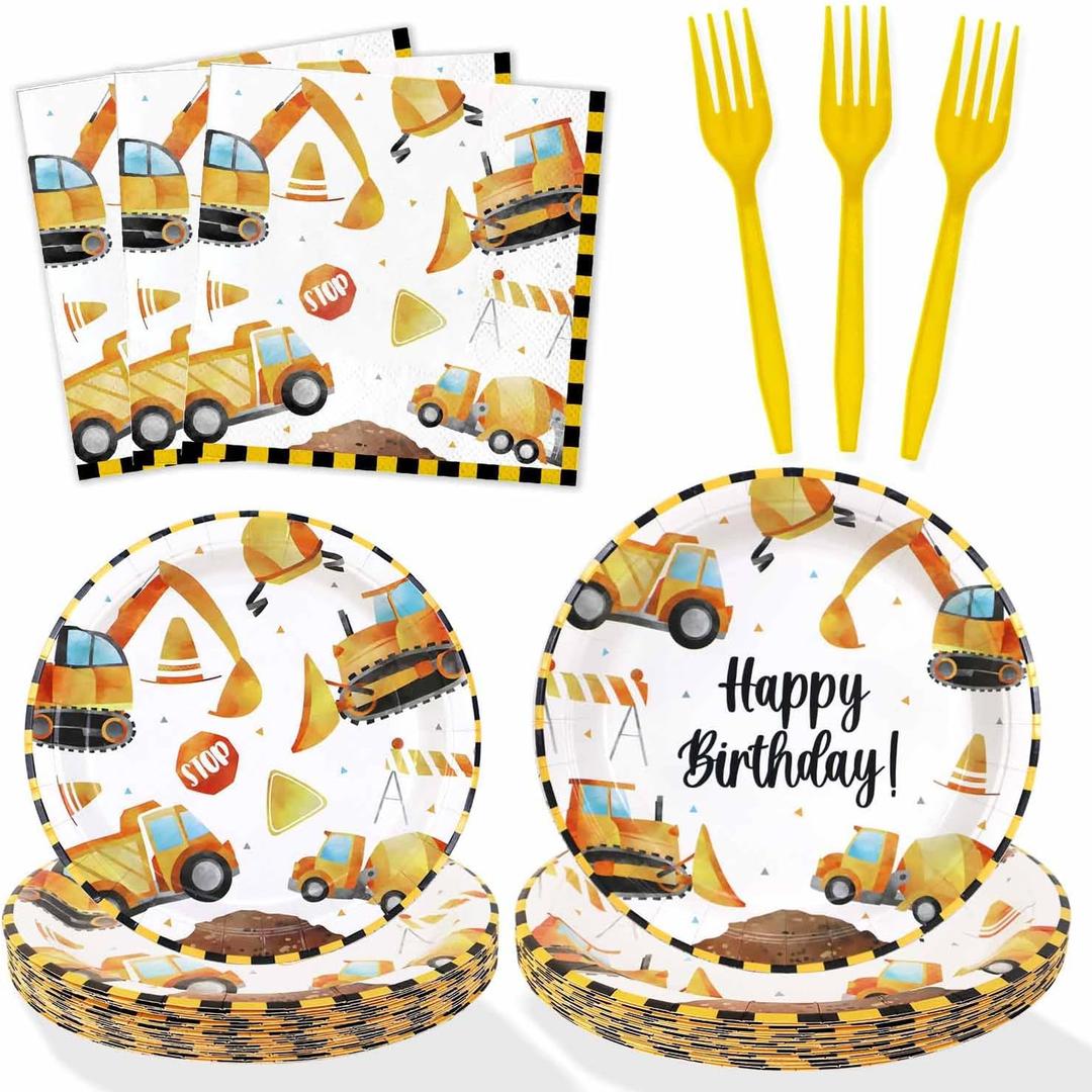 Construction Theme Birthday Party Decorations Plates Set 25 Guests,100 Pcs Plates Napkins Forks Boys Kids Construction Excavator Birthday Party Supplies
