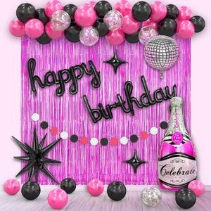 Birthday Decorations for Girls Women Pink Black, Hot Pink Balloon Garland Arch Kit, Happy Birthday Banner Backdrop Background, Fringe Curtains, Party Decor Supplies.