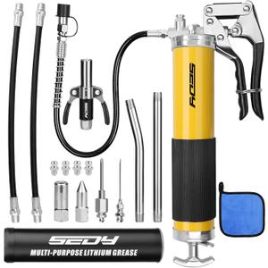 17-Piece Heavy Duty Grease Gun Kit: 14oz Grease Tube Flexible Hose Bearing Grease Pump 8000 PSI Pistol Grip Grease Guns Tool Marine Durable Connectors Adapters Extension Tubes Nozzle Easy Operation