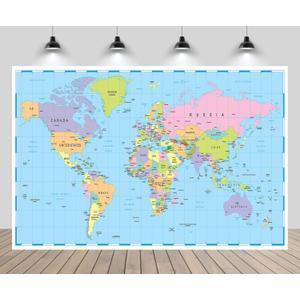 5ftx4ft World Map Photography Backdrop Boys Adventure Map Backdrop Travel Party Decorations Around World Party Birthday Baby Shower Background Fabrics Wallpaper Photobooth Studio Props (5x4FT, B1-C180)