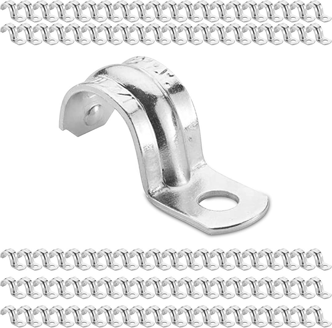 OHLECTRIC Heavy Duty Pipe Strap (100 Pack -  Inch) Zinc-Plated Steel EMT Conduit Clamps - 1 Hole Reinforced Rib Design - Snap-On Installation - Metal Pipe Strap for EMT Conduits