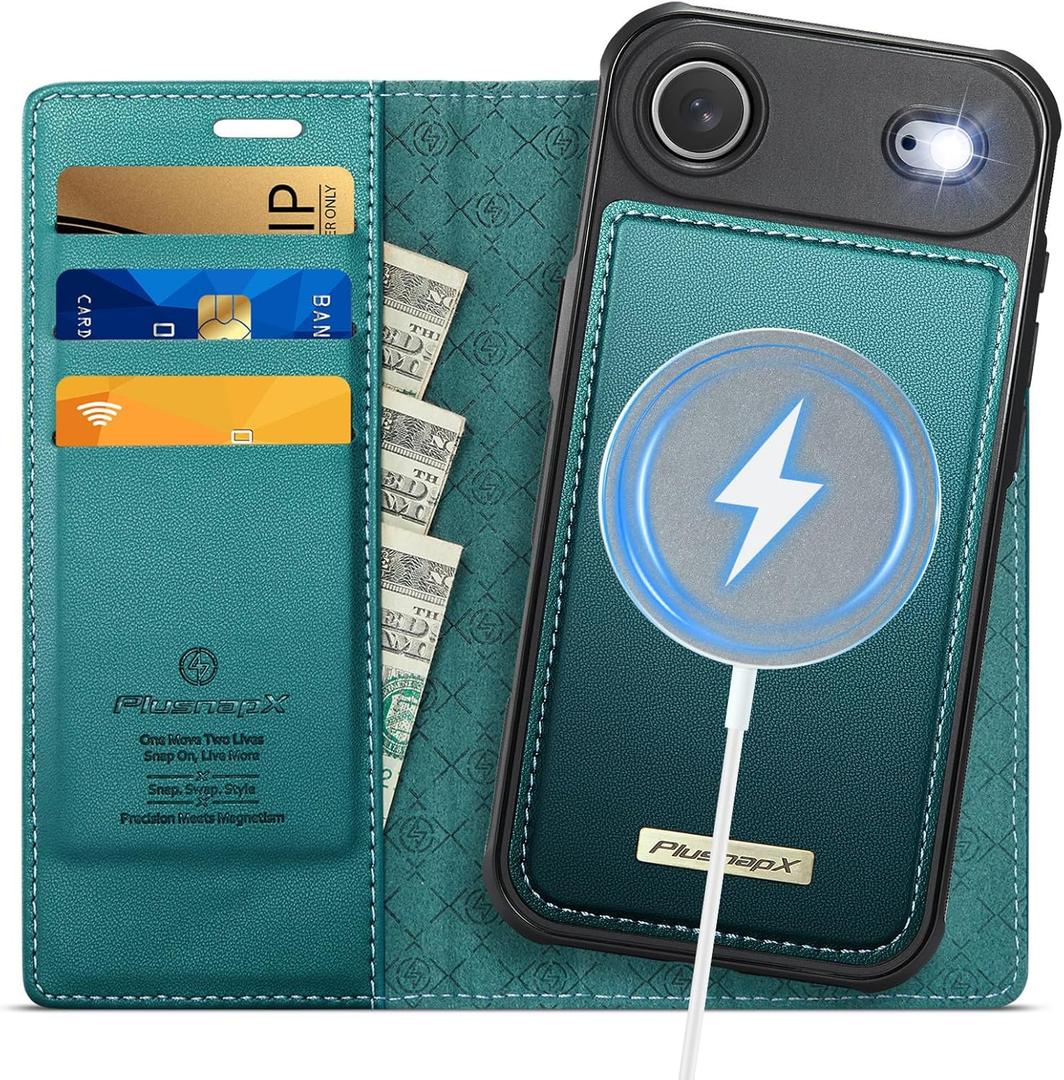 Wallet Case for iPhone Air Compatible with Magsafe, 2-in-1 PU Leather Flip RFID Blocking Card Holder Stand Shockproof Magnetic Detachable Cover for iPhone 17 Air Case 6.5", Bluegreen