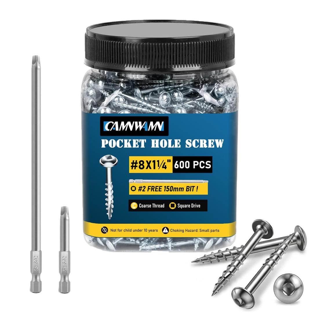 600Pcs #8 x 1-1/4 Inch Pocket Hole Screws, 2 Drive Bit(150MM&50MM) Included, Interior Pocket Screw, Zinc Coated, Coarse Thread, Square Drive Washer Head.