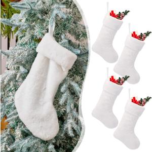 JOVITEC 6 Pieces 20 Inch Christmas Stockings Faux Fur Snowy Christmas Stockings Xmas Fireplace Hanging Stocking Candy Gift Bags for Holiday Decorations (Vivid,White)