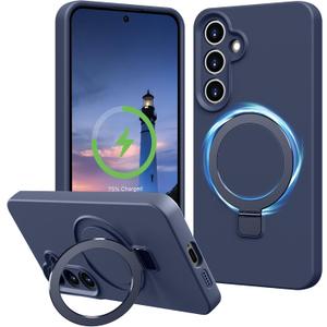 Compatible with Samsung Galaxy S24 Case with Stand, Full Camera Protection Liquid Silicone Case, MagSafe Compatible Magnetic Kickstand, Dark Blue
