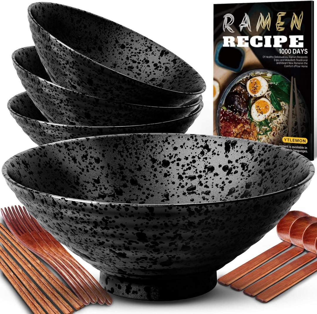 8-Inch Ceramic Ramen Bowl Set of 4 (17 Piece) - Porcelain Japanese Salad Noodles Cereal Fruit Pasta Soup Large Bowls with Recipes Chopsticks Forks Spoons for Men Women Gift Microwave Dishwasher Safe