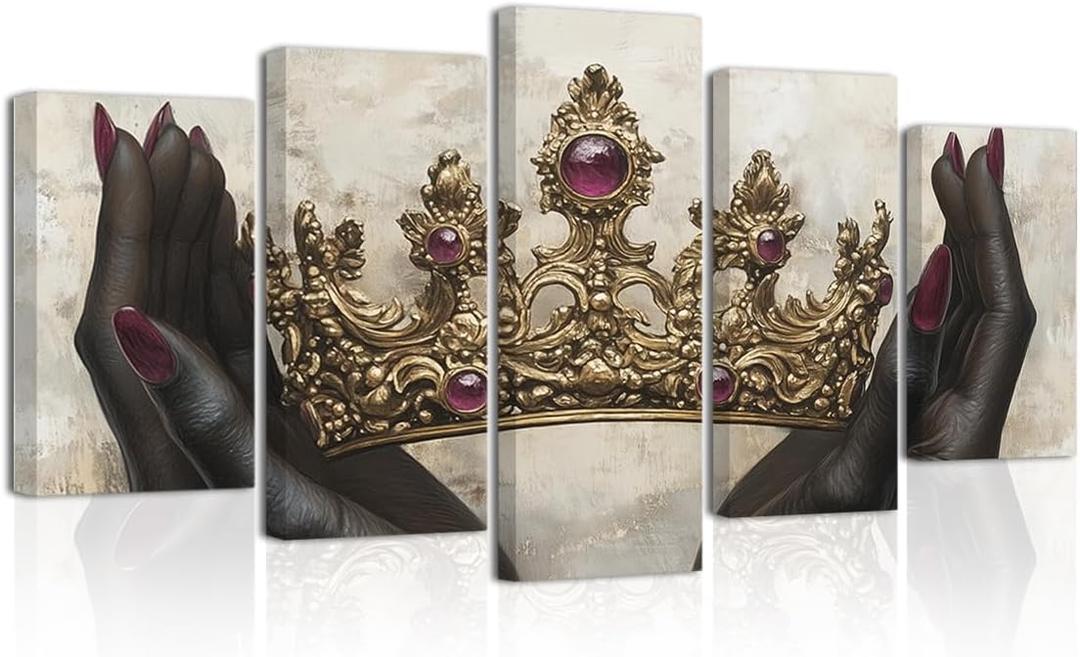 BJYCHG Golden Crown Wall Decor Frame 5 Pieces Black King Queen Crown Canvas Wall Art African American Picture Prints Motivational Painting Bedroom Decor (Gray, 8x14inx2 8x18inx2 8x22inx1)
