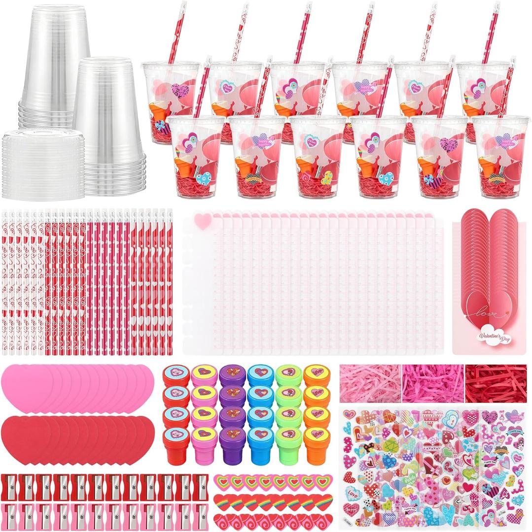 219 Pcs Girls Themed Birthday Party Supplies, Galentines Day Party Favor Exchange for Office, 24 Set Pink Stationery Gift Supplies with Cards Pencils Erasers Rulers Sharpener Stickers Cups