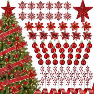 Realspring 91 Pcs Christmas Tree Ornaments Set, Hanging Christmas Balls Poinsettia Flowers Snowflakes Berries Star Topper Pine Needles with Ribbons for Holiday Xmas Home Decoration(Red)