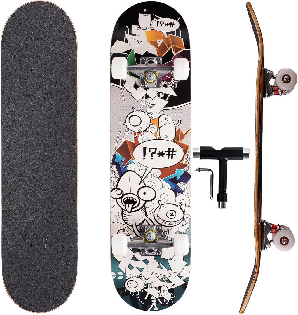 Professional Double Kick Skateboard, 31 inch Maple Deck, ABEC-9 Bearings, 95A PU Wheels