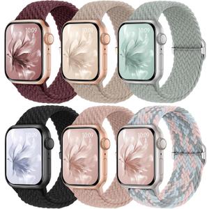6 Pack Braided Stretchy Bands Compatible with Apple Watch Band 38mm 40mm 41mm 42mm 44mm 45mm 46mm 49mm Women Men, Adjustable Nylon Solo Loop Elastic Straps for iWatch Series 11 10 9 8 7 6 5 4 SE Ultra (Sage Green/Milk Tea/Nude Pink/Coral/Wine/Black)