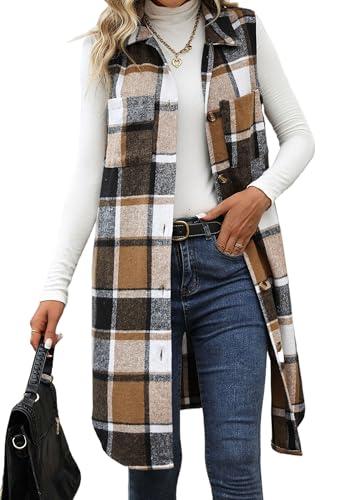 NO BRAND Womens Fall Flannel Plaid Vest Button Down Sleeveless Shirt Jacket With Pockets Khaki 24W