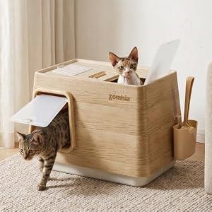 ZOMISIA Stainless Steel Cat Litter Box, Extra Large Covered Litter Box with Lid, Scoop, Odor Control Filter, XL Side/Top Entry Enclosed Cat Boxes for Big Kitty, Light Wood Grain