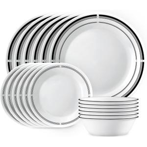 Corelle 18-Piece Round Dinnerware Set Service for 6, Lightweight Round Plates and Bowls Set, Vitrelle Triple Layer Glass, Chip and Scratch Resistant, Microwave and Dishwasher Safe, Brasserie
