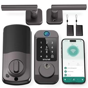 WiFi Door Lock with Handle Set - SMONET Fingerprint Smart Locks for Front Door, Keypad Bluetooth Digital Deadbolt Set, App Remote Control, Auto Lock, Easy to Install