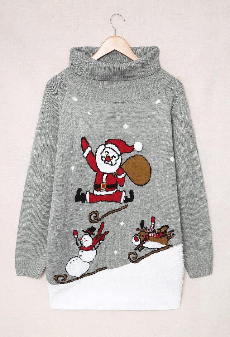 Pink Queen Women Ugly Sweater Dress Christmas Loose Turtleneck Snowman Reindeer Xmas Knitted Sweater Dresses Gray and White S