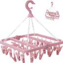 Clothes Drying Rack with 32 Clips, Foldable Hanging Rack, 360 Rotatable Hook for Drying Socks Baby Clothes Towels Gloves(Light Pink)