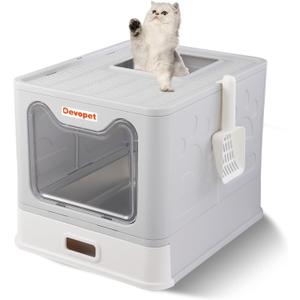 Enclosed Cat Litter Boxes, Stainless Steel Litter Box with Lid, Top Entry Cat Litter Box with Cover, Metal Kitty Litterbox with High Sided Enclosure, Foldable, Non-Stick, Easy Cleaning (Grey)