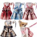 4 Pcs Cute Plaid Dog Dress Set with Bow Tie Harness & Leash for Small Dogs