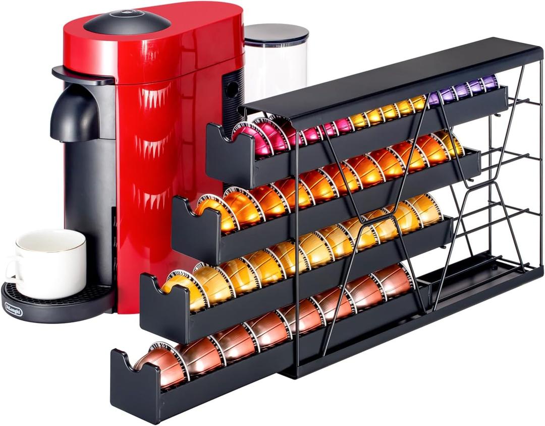FlagShip 4-Tier Corner Coffee Pod Organizer for Nespresso Vertuo - 40+ Capsule Storage, Slim Metal Kitchen Countertop Space Saver with Compact Design