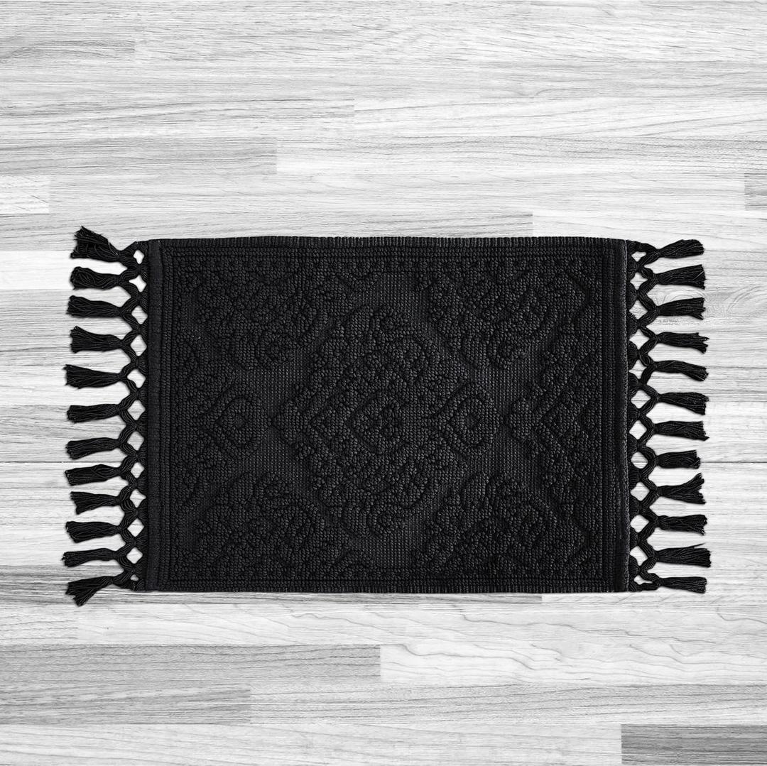 Jean Pierre - Ricardo Bath Mat, Woven Fringe Bathroom Rugs, 100% Cotton, Premium Bathroom Decor - Measures 21" x 41" - Black (1'9" x 3'5" (Rectangular))